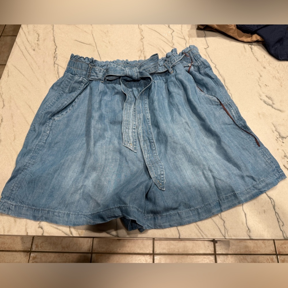 Knox Rose 100% Rayon Chambray Blue Pleated Waist Tie Chino Shorts Women XL